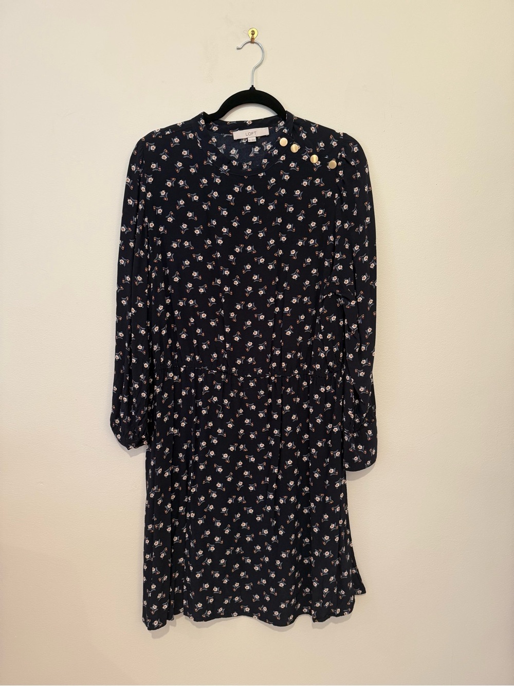LOFT Navy Blue Floral Long Sleeve Dress with Gold Button Detail